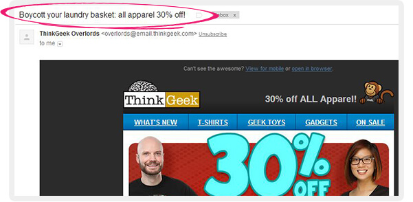 catchy email subject line-thinkgeek, email- subject- line- rules