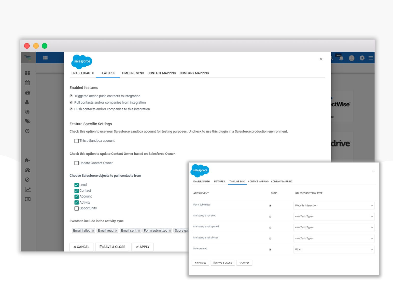 salesforce integration Settings